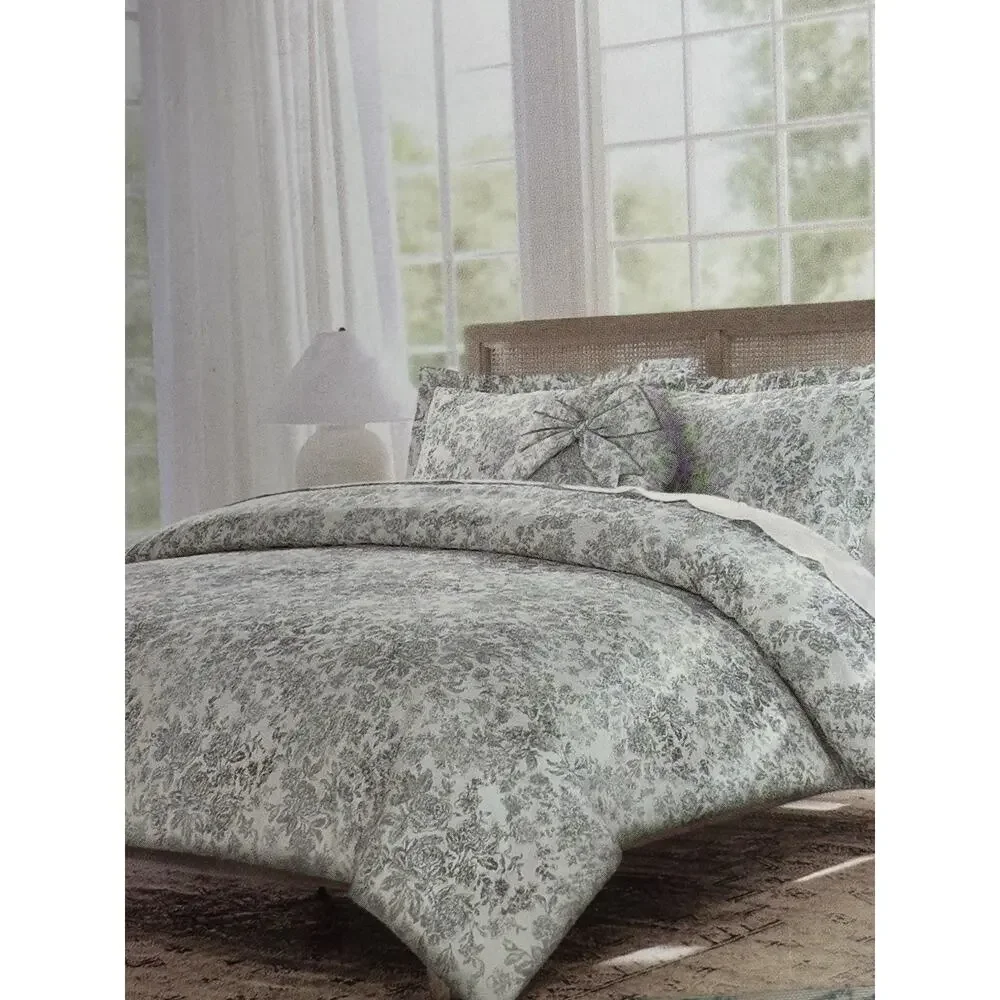 New Tahari Home 4PC KING Duvet Cover Steel Gray Shams Round Bow Pillow
